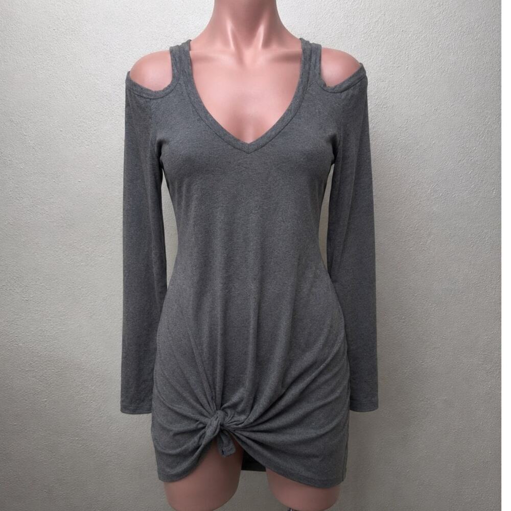NWT Berryou Gray Cold-Shoulder Long Sleeve Front Tie Hem Knit Mini Dress Medium